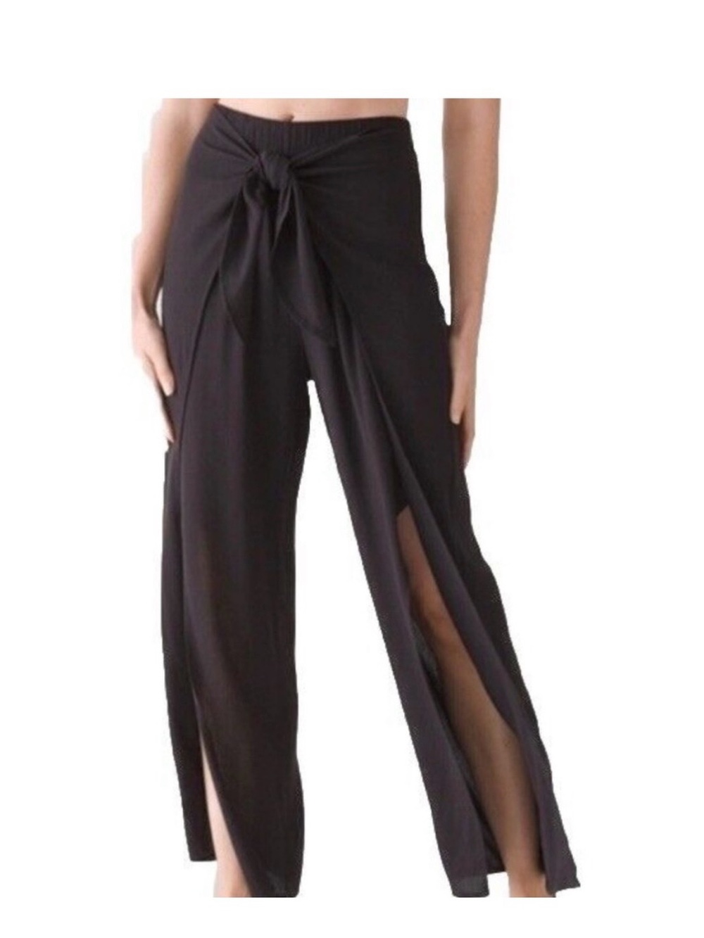 Kona Sol Black Split-Leg Tie-Waist Wide Leg Pants